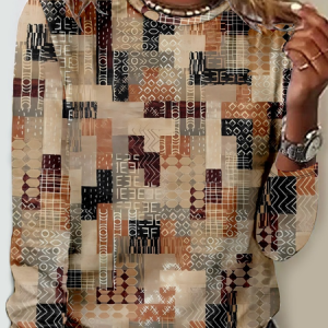 Casual Loose Geometric Jersey T-Shirt, Long sleeves, Lilicloth.com