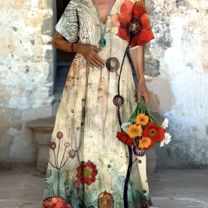Women Floral Short Sleeve Summer Dress V Neck Daily Casual Maxi A-Line Dress, JustFashionNow Dresses, color:Apricot|size:4XL,