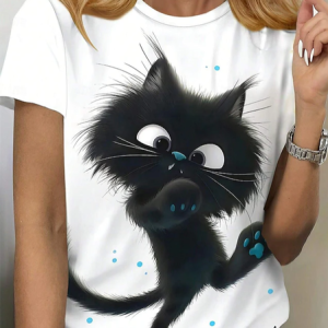 Women's Short Sleeve Tee T-shirt Summer Cat Jersey Crew Neck Daily Going Out Casual Top, JustFashionNow T-Shirts, color:White|size:XXL,
