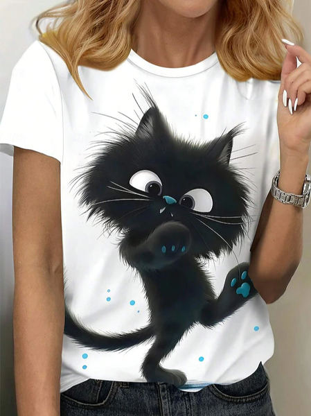 Women's Short Sleeve Tee T-shirt Summer Cat Jersey Crew Neck Daily Going Out Casual Top, JustFashionNow T-Shirts, color:White|size:XXL,