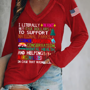 Women's Support National Parks Print V Neck T-Shirt, Long sleeves, Lilicloth.com