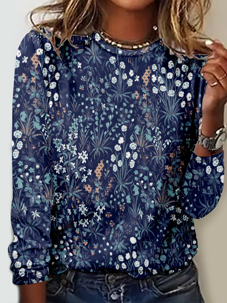 Hippie Casual Crew Neck Loose Floral T-Shirt, Long sleeves, Lilicloth.com