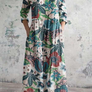 Women's elegant floral pattern V-neck cotton dress, Dresses, Lilicloth.com