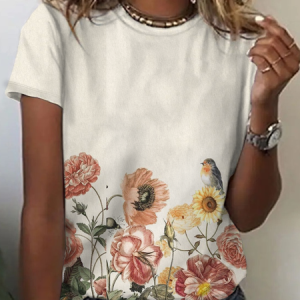 Bird flower Print T-Shirt, T-shirts, Lilicloth.com