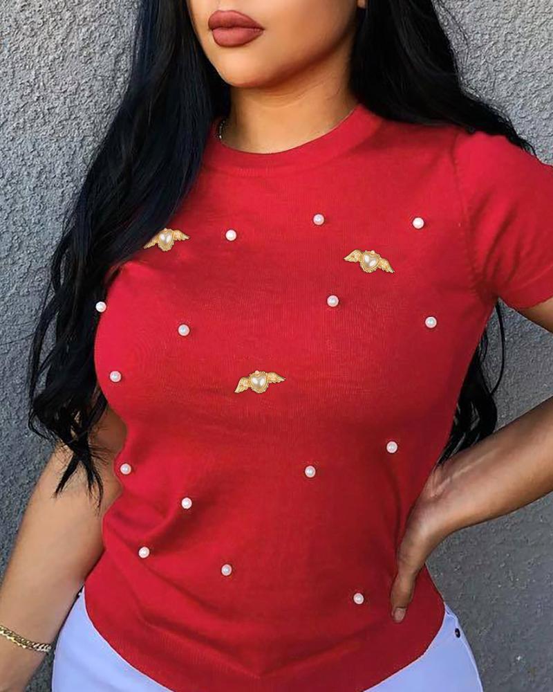 Beaded Round Neck Short Sleeve T-Shirt Casual loose Fit Top, women T-shirt & Tees, ChicMe catalog - Image 2