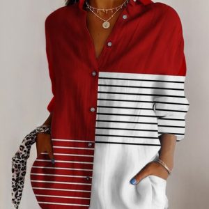 Women's Long Sleeve Shirt Spring/Fall Geometric Cotton Shirt Collar Daily Going Out Casual Top, JustFashionNow Blouses, color:Red|size:5XL,