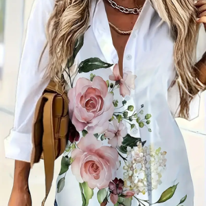 Women's Floral Long Sleeve Shirt Spring/Fall Printing Shirt Collar Daily Casual Top, JustFashionNow Shirts, color:White|size:XXL,