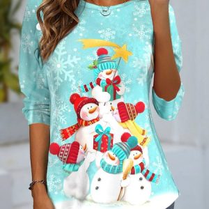 Women's Long Sleeve Tee T-shirt Spring/Fall Christmas Snowman Jersey Crew Neck Daily Going Out Casual Top, JustFashionNow T-Shirts, color:Light Blue|size:XXL,