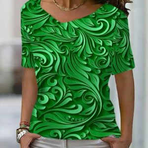 Women's Short Sleeve Tee T-shirt Summer Floral V Neck Casual Top, JustFashionNow T-Shirts, color:Green|size:XXL,