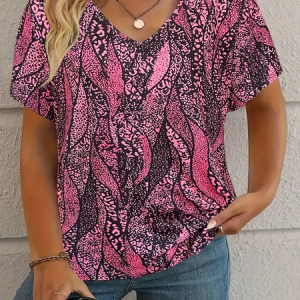Women's Leopard Short Sleeve Tee T-shirt V Neck Casual Summer Graphic Tee Top, JustFashionNow T-Shirts, color:As Picture|size:XXL,