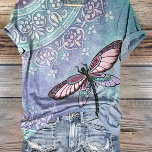 Casual Dragonfly Pattern Crew Neck Short Sleeve T-shirt, T-shirts, color:Light Blue|size:4XL, catalog Noracora shop