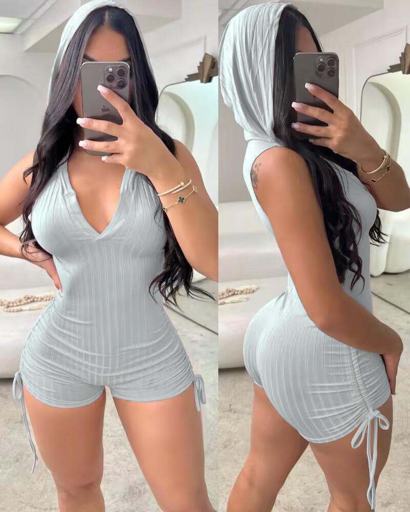 Side Drawstring Slim Fit Sleeveless Hooded Romper, women Rompers, ChicMe catalog - Image 3