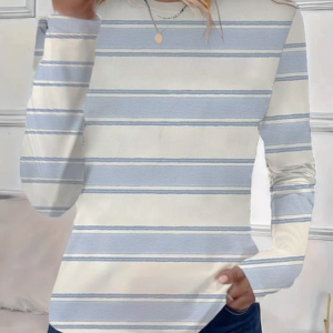 Women's Striped Print Casual Round Neck Long Sleeve T-Shirt, Long sleeves, Lilicloth.com