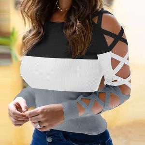 Colorblock Crisscross Cold Shoulder Top, women T-shirt & Tees, ChicMe catalog
