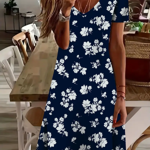 Women's Floral Short Sleeve Summer Printing Dress V Neck Daily Casual Knee Length T-Shirt Dress H-Line Dress, JustFashionNow Casual Dresses, color:Navyblue|size:XXL,