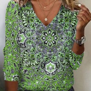 Women's Long Sleeve Tee T-shirt Spring/Fall Ethnic Jersey V Neck Holiday Going Out Casual Top, JustFashionNow T-Shirts, color:Green|size:XXL,