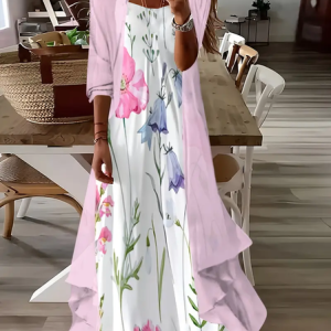 Women Floral Printing Two-Piece Set Daily Three Quarter Sleeve Casual Spring/Fall Dress With Coat Matching Set, JustFashionNow Suit Set, color:As Picture|size:XXL,
