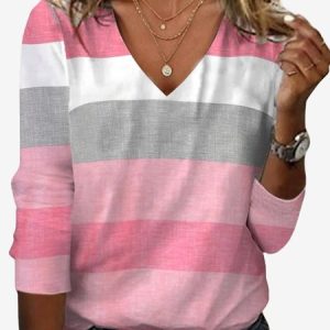 Women's Long Sleeve Tee T-shirt Spring/Fall Striped Jersey V Neck Daily Going Out Casual Top, JustFashionNow T-Shirts, color:Pink|size:XXL,