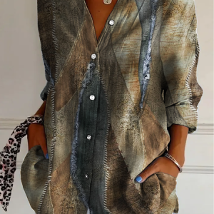 Abstract geometric patchwork long sleeve shirt, Blouses, Lilicloth.com