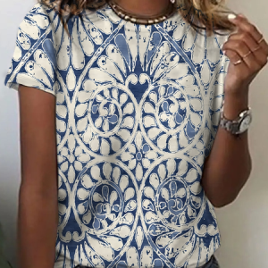 Geometric Flower Color Contrast Cotton T-Shirt, T-shirts, Lilicloth.com