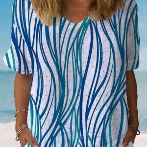 Women's Short Sleeve Blouse Summer Abstract Cotton Crew Neck Daily Going Out Casual Top, JustFashionNow Blouses, color:Blue|size:XXL,
