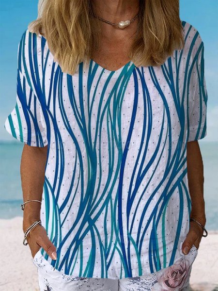 Women's Short Sleeve Blouse Summer Abstract Cotton Crew Neck Daily Going Out Casual Top, JustFashionNow Blouses, color:Blue|size:XXL,