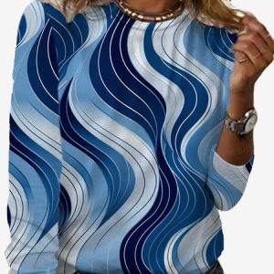 Women's Long Sleeve Tee T-shirt Spring/Fall Geometric Jersey Crew Neck Daily Going Out Casual Top, JustFashionNow T-Shirts, color:Blue|size:XXL,