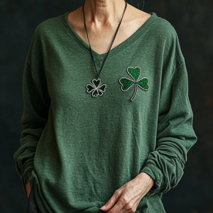 Women's Long Sleeve St Patrick's Day Floral Tee T-shirt Spring/Fall Shamrock V Neck Casual Graphic Tee Top, JustFashionNow T-Shirts, color:Green|size:XXL,