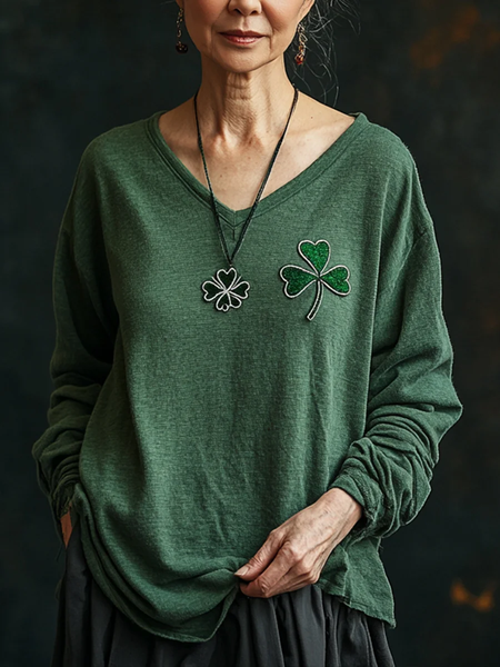 Women's Long Sleeve St Patrick's Day Floral Tee T-shirt Spring/Fall Shamrock V Neck Casual Graphic Tee Top, JustFashionNow T-Shirts, color:Green|size:XXL,