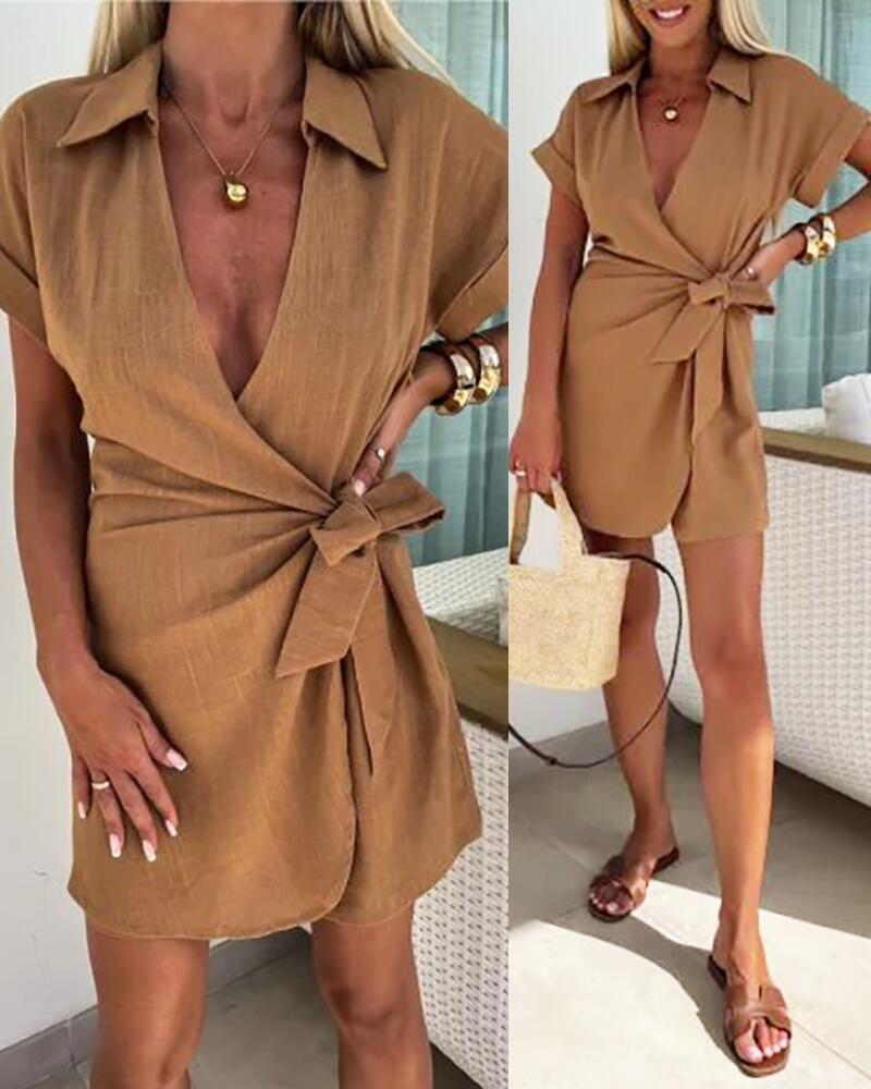 Tied Detail Ruched Turn-down Collar Overlap Romper, women Rompers, ChicMe catalog - Image 2