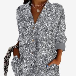 Women's Long Sleeve Shirt Spring/Fall Geometric Shirt Collar Daily Going Out Casual Top, JustFashionNow Shirts, color:Silver|size:XXL,