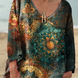 Women's National Mandala Art Patterns Print V-neck Comfortable Cotton T-shirt, Long sleeves, Lilicloth.com