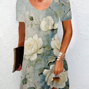 Women's Short Sleeve Summer Floral Jersey Dress Crew Neck Daily Going Out Casual Mini H-Line TUNIC, JustFashionNow Dresses, color:Green|size:XXL,