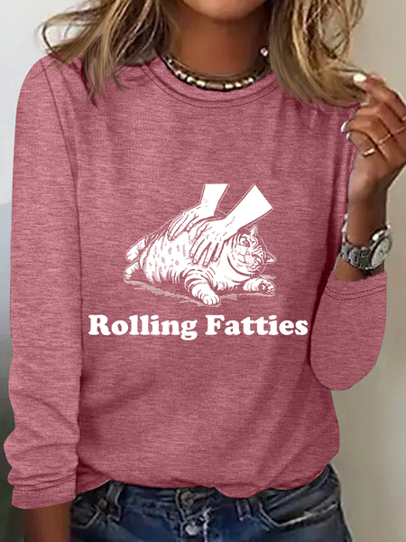 Rolling Fatties Cat Casual Long Sleeve Shirt, Long sleeves, Lilicloth.com