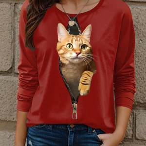 Women's Long Sleeve Tee T-shirt Spring/Fall Cat Jersey Crew Neck Daily Going Out Casual Top, JustFashionNow T-Shirts, color:Brick Red|size:XXL,