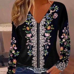 Women's Long Sleeve Tee T-shirt Spring/Fall Floral Jersey V Neck Daily Going Out Casual Top, JustFashionNow T-Shirts, color:Black|size:XXL