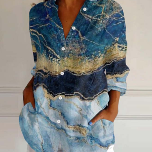 Multicolor Block Casual Shawl Collar Linen Blend Shirt, Blouses, Lilicloth.com