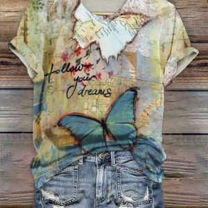 Vintage Butterfly Art Pattern Print Crew Neck Short Sleeve T-shirt, T-shirts, color:Apricot|size:4XL, catalog Noracora shop