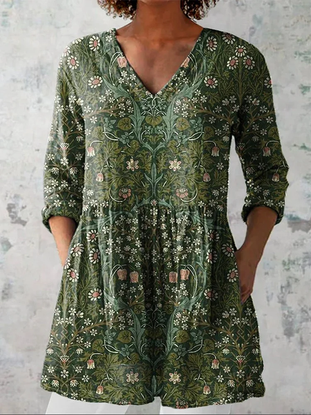 Women's Floral Half Sleeve Blouse_ Summer Printing V Neck Daily Casual Top, JustFashionNow Blouses, color:Green|size:4XL,
