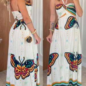 Butterfly Pattern Halter Sleeveless Maxi Dress Casual Hollow-out Waist A Line Dress, women Print Dresses, ChicMe catalog