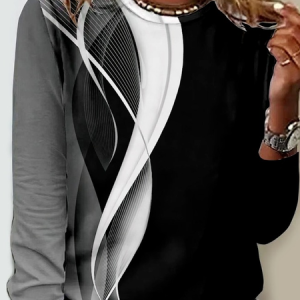 Geometric Print Long Sleeve Crew Neck T-shirt, Long sleeves, Lilicloth.com