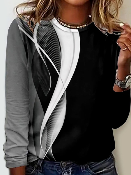 Geometric Print Long Sleeve Crew Neck T-shirt, Long sleeves, Lilicloth.com