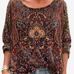 Women's Long Sleeve Tee T-shirt Spring/Fall Ethnic Jersey Crew Neck Holiday Going Out Casual Top, JustFashionNow T-Shirts, color:Wine Red|size:XXL,