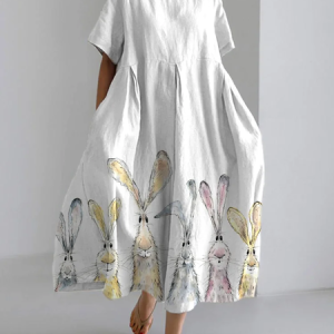 Watercolor rabbit print linen blend casual Dress With No Belt, Dresses, Lilicloth.com