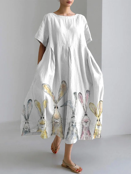 Watercolor rabbit print linen blend casual Dress With No Belt, Dresses, Lilicloth.com