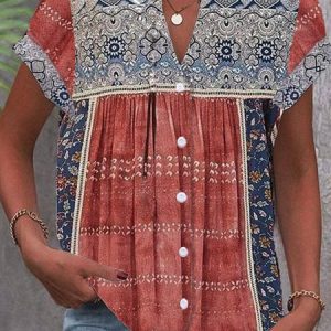 Women Random Print Short Sleeve Shirt Summer Notched Daily Casual Top, JustFashionNow Blouses, color:Red|size:XXL,