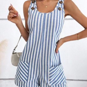 Striped Print U Neck Sleeveless Romper Casual Pocket Design Button Decor Jumpsuit, women Rompers, ChicMe catalog