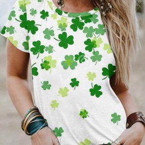 Women's Four-leaf Clover Short Sleeve Tee T-shirt Crew Neck Casual Summer Top, JustFashionNow T-Shirts, color:White|size:5XL,