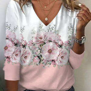 Women's Floral Long Sleeve Tee T-shirt V Neck Printing Casual Spring/Fall Graphic Tee Top, JustFashionNow T-Shirts, color:Pink|size:XXL,