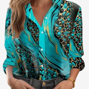 Women's Long Sleeve Shirt Spring/Fall Abstract Shirt Collar Daily Going Out Casual Top, JustFashionNow Shirts, color:Lake Blue|size:XXL,